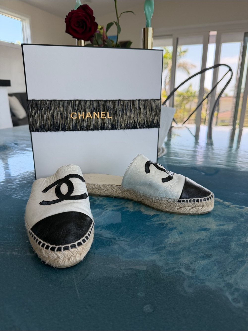 CHANEL Black & Cream Leather Espadrille Mules 38
